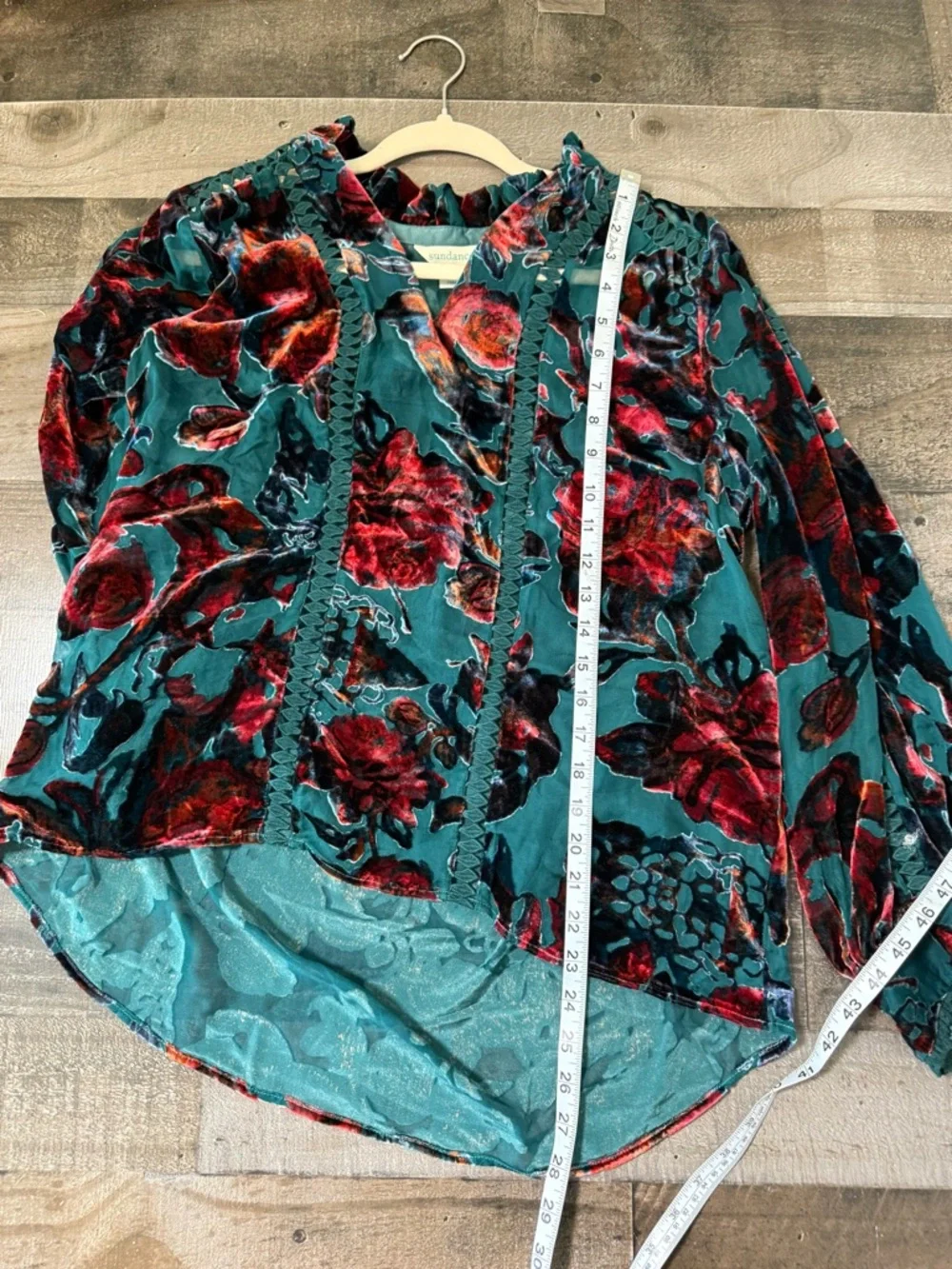 Sundance Teal Velvet Burnout Floral Blouse Boho Romantic Sheer Peasant Top M - Picture 3 of 6
